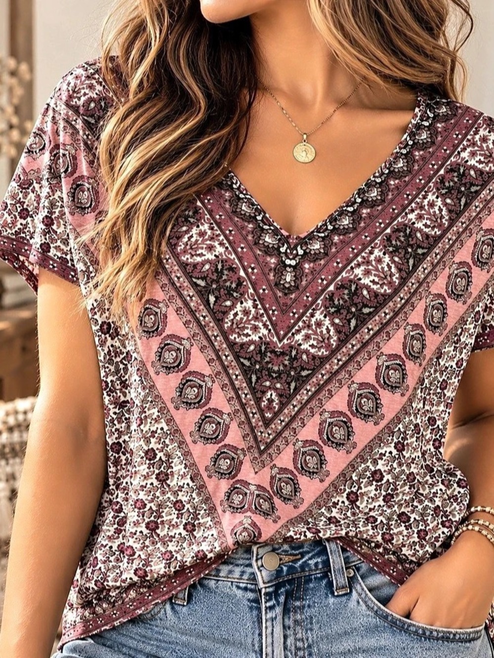 Small | Lucky Brand | Pink Paisley Boho V-Neck Top